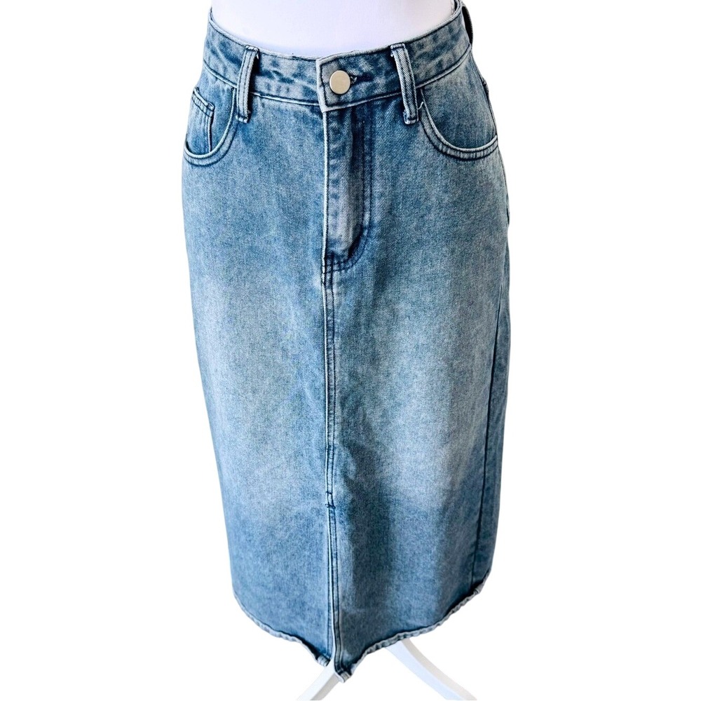 Denim Midi Skirt Light Wash Jean Skirt Back Slit Patch‎ Pockets Commense Sz Sm